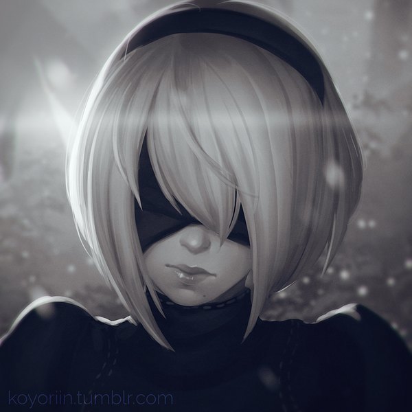 イラスト 900x900 と nier nier:automata ヨルハ二号b型 こよりん ソロ 前髪 短い髪 realistic ほくろ watermark monochrome portrait close-up 艶ぼくろ blindfold 女の子 ヘアバンド アンドロイド