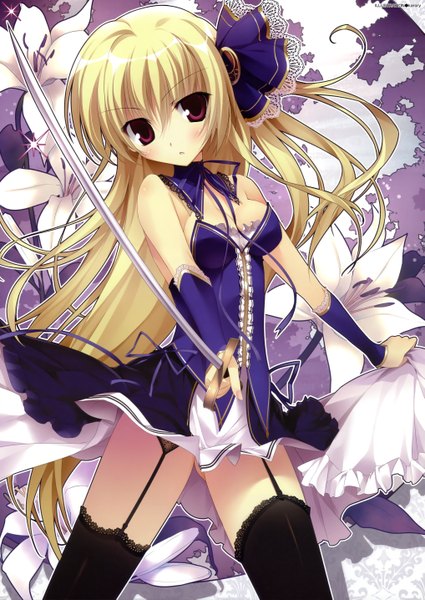 Anime picture 4070x5741 with original karory single long hair tall image highres light erotic blonde hair red eyes bare shoulders absurdres girl thighhighs dress flower (flowers) weapon black thighhighs epee