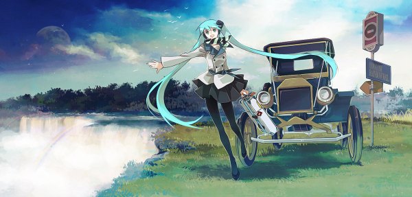 Anime picture 1200x574 with vocaloid hatsune miku chris (pixiv) single long hair open mouth wide image twintails sky aqua eyes aqua hair waterfall girl thighhighs black thighhighs animal water bird (birds) ground vehicle neckerchief