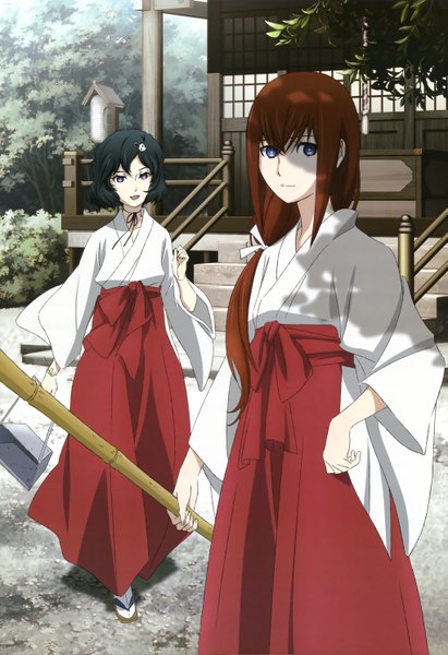 Anime picture 4081x5945 with steins;gate white fox nyantype makise kurisu urushibara ruka long hair tall image looking at viewer highres short hair open mouth blue eyes black hair brown hair purple eyes multiple girls absurdres traditional clothes official art miko