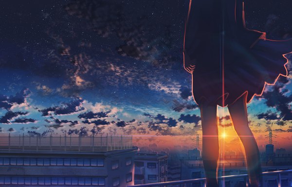 Anime picture 2800x1800 with original kenzo 093 single highres standing cloud (clouds) from behind night night sky city evening sunset cityscape head out of frame scenic fog cum on lower body girl skirt star (stars)