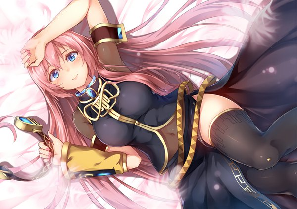 Anime picture 1500x1059 with vocaloid megurine luka bit (keikou syrup) single long hair looking at viewer blush fringe breasts blue eyes light erotic smile hair between eyes holding pink hair lying nail polish from above lips armpit (armpits)