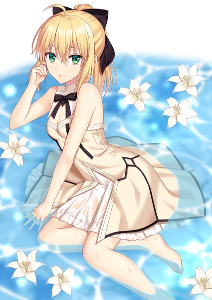 Anime picture 1003x1416 with fate (series) fate/grand order fate/unlimited codes artoria pendragon (all) saber lily shino skk single tall image looking at viewer fringe short hair breasts simple background blonde hair hair between eyes sitting bare shoulders green eyes payot cleavage