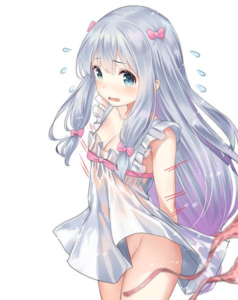 Anime picture 778x980 with eromanga sensei a-1 pictures izumi sagiri yasuyuki single long hair tall image blush fringe open mouth blue eyes light erotic simple background standing white background looking away silver hair wind bare legs sweat