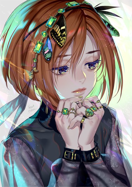 Anime picture 1018x1440 with original midori foo single tall image short hair brown hair purple eyes signed looking away upper body multicolored hair lips colored inner hair girl jewelry ring gem