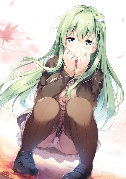 Anime picture 633x903 with kantai collection touhou kochiya sanae suzuya heavy cruiser miyase mahiro single long hair tall image looking at viewer blush fringe blue eyes light erotic smile hair between eyes full body long sleeves green hair wind open clothes