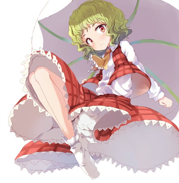 Anime picture 1000x1024 with touhou kazami yuuka flan (harry mackenzie) single tall image looking at viewer blush fringe short hair simple background smile red eyes white background bent knee (knees) green hair no shoes wavy hair jumping girl skirt
