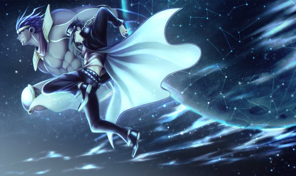 Anime picture 2500x1488 with jojo no kimyou na bouken kujo jotaro star platinum alo (m-o-k-e-k-e) highres short hair black hair wide image full body bent knee (knees) profile clenched teeth constellation stand (jojo) boy uniform school uniform hat belt star (stars)