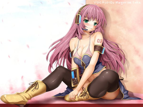 Anime picture 1600x1200 with vocaloid megurine luka blastbeat single long hair looking at viewer blush breasts light erotic smile large breasts sitting bare shoulders green eyes pink hair cleavage bare belly tattoo character names girl
