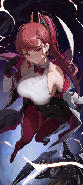 Anime picture 1450x3202 with echocalypse aiken (echocalypse) furizuu20 single long hair tall image looking at viewer blush fringe breasts red eyes large breasts full body bent knee (knees) ponytail red hair blunt bangs from above off shoulder open jacket