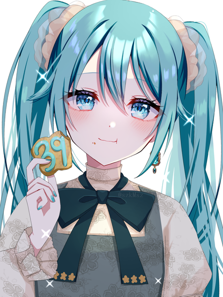 Anime picture 1536x2048 with vocaloid hatsune miku szmymsz single long hair tall image looking at viewer blush fringe blue eyes simple background hair between eyes white background twintails upper body nail polish aqua hair sparkle eating aqua nail polish