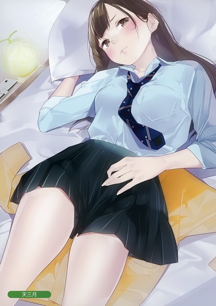 Anime picture 2471x3500 with original melonbooks ama mitsuki single long hair tall image looking at viewer blush highres brown hair brown eyes lying head tilt pleated skirt scan on back open collar girl skirt miniskirt