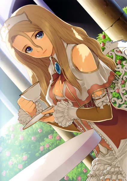 Anime picture 3284x4655 with shining (series) shining hearts rufina wyndaria tony taka long hair tall image looking at viewer highres blue eyes blonde hair sitting absurdres scan girl dress flower (flowers) frills cup