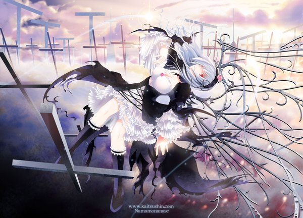 Anime picture 2000x1440 with rozen maiden suigintou namamo nanase single long hair looking at viewer blush highres red eyes sky cleavage silver hair cloud (clouds) lolita fashion goth-loli girl dress hair ornament flower (flowers) ribbon (ribbons)