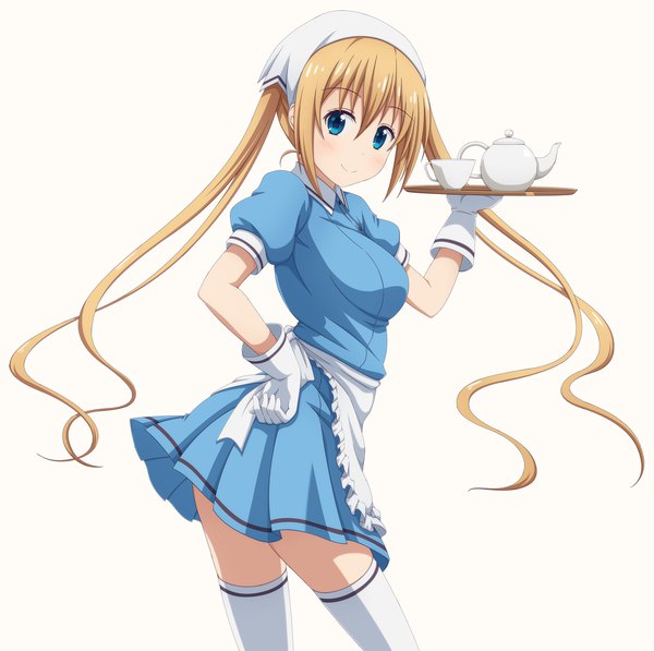 Anime picture 2048x2040 with blend s a-1 pictures hinata kaho shira-nyoro single long hair looking at viewer blush fringe highres blue eyes simple background blonde hair smile hair between eyes white background twintails hand on hip waitress tea set