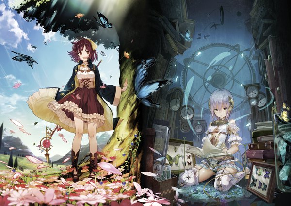 Anime-Bild 2920x2064 mit atelier (series) atelier sophie gust (company) sophie neuenmuller plachta yuugen noco (adamas) looking at viewer highres short hair open mouth light erotic smile brown hair standing sitting multiple girls holding brown eyes green eyes