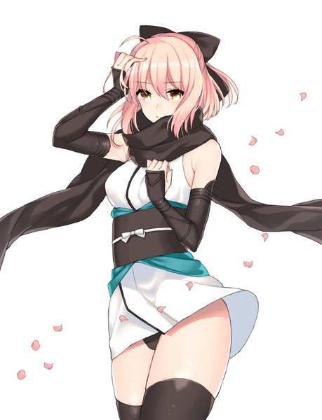 Anime picture 766x1000 with fate (series) fate/grand order koha-ace okita souji (fate) (all) okita souji (koha-ace) kanosigu single tall image blush fringe short hair light erotic hair between eyes standing bare shoulders yellow eyes looking away pink hair ahoge traditional clothes