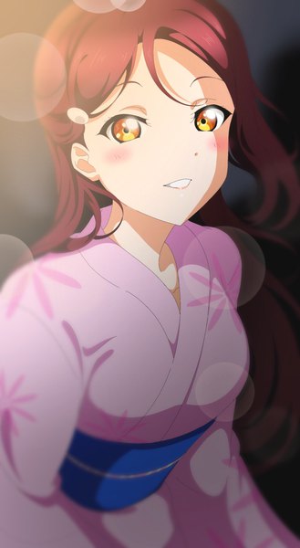 Anime picture 1126x2048 with love live! sunshine!! sunrise (studio) love live! sakurauchi riko odddddd64 single long hair tall image looking at viewer blush smile standing yellow eyes red hair traditional clothes japanese clothes blurry depth of field floating hair lens flare
