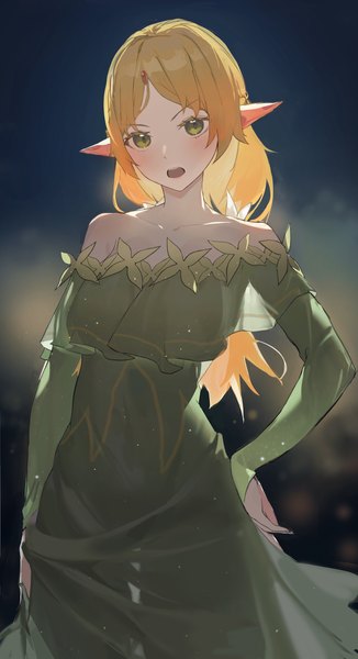 Anime picture 2992x5507 with isekai ojisan sui (isekai ojisan) shenqi de (9) single long hair tall image looking at viewer highres open mouth blonde hair standing green eyes pointy ears hand on hip elf see-through silhouette girl dress green dress