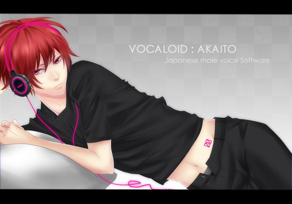 Anime picture 2000x1400 with vocaloid akaito moco 315 single highres short hair red eyes red hair midriff tattoo reclining boy navel headphones