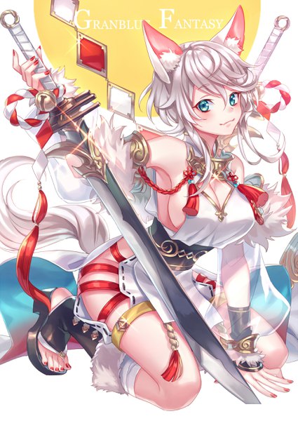 Anime picture 1769x2500 with granblue fantasy vajra (granblue fantasy) zoff (daria) single tall image looking at viewer blush fringe highres short hair breasts blue eyes light erotic smile hair between eyes large breasts bare shoulders holding animal ears payot