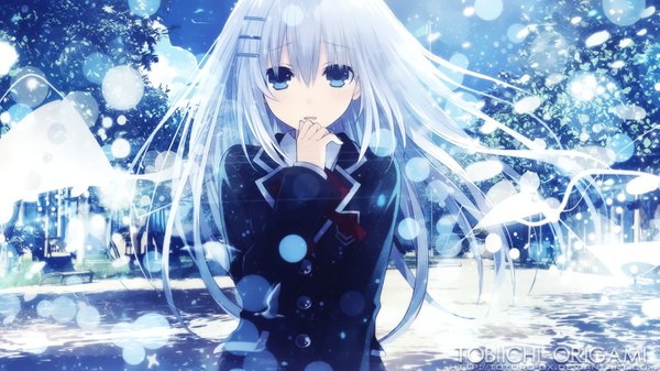 Anime picture 1366x768 with date a live tobiichi origami tsunako totoro-gx single long hair looking at viewer fringe open mouth blue eyes hair between eyes wide image pale skin girl uniform school uniform bobby pin