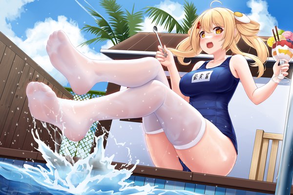 Anime picture 6000x4000 with kaguyano mayonnaise (kaguyano) allenes single long hair looking at viewer blush fringe highres breasts open mouth light erotic blonde hair smile hair between eyes large breasts sitting twintails holding yellow eyes