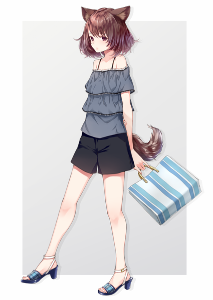 Anime picture 1200x1694 with original dabadhi single tall image looking at viewer blush fringe short hair simple background brown hair standing bare shoulders holding brown eyes animal ears full body tail animal tail off shoulder grey background