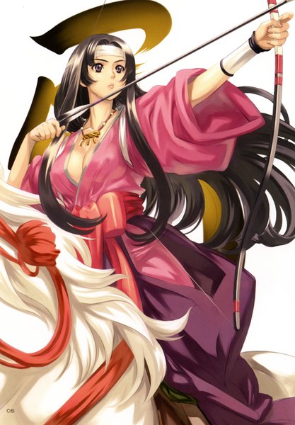 Anime picture 2794x4016 with eiwa single long hair tall image highres light erotic black hair simple background white background purple eyes traditional clothes japanese clothes girl animal jewelry necklace bow (weapon) arrow (arrows) horse