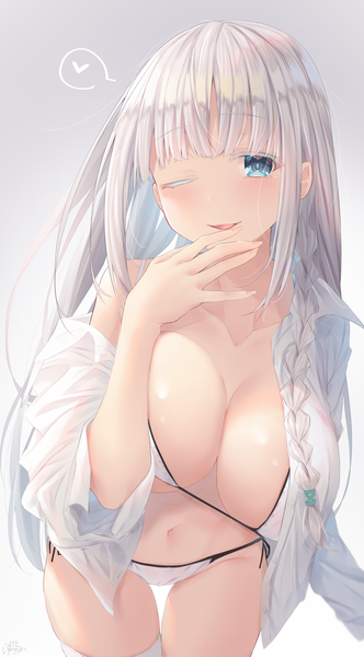 Anime picture 1134x2048 with original ramchi single long hair tall image looking at viewer blush fringe breasts open mouth blue eyes light erotic simple background large breasts standing signed payot cleavage silver hair blunt bangs