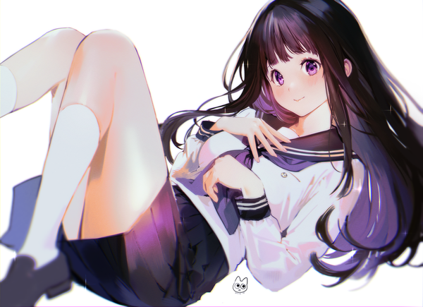 Anime picture 1600x1160 with hyouka kyoto animation chitanda eru mery (yangmalgage) single long hair looking at viewer blush fringe black hair simple background smile white background purple eyes signed bent knee (knees) long sleeves multicolored hair two-tone hair hand on chest