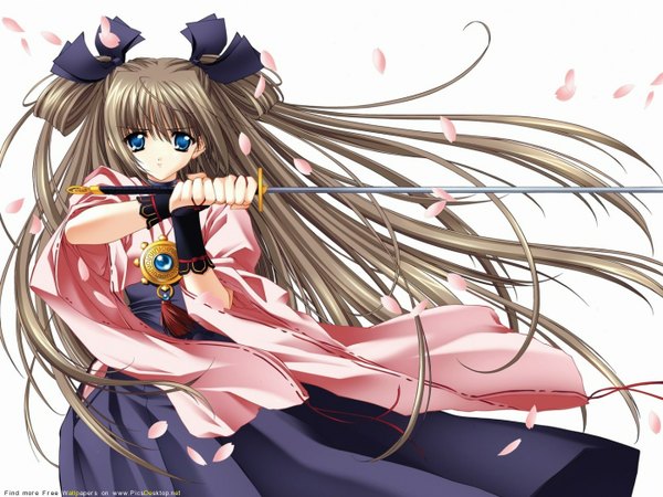 Anime picture 1400x1050 with push!! carnelian single looking at viewer blue eyes simple background brown hair white background holding very long hair traditional clothes serious cropped samurai girl weapon petals sword katana