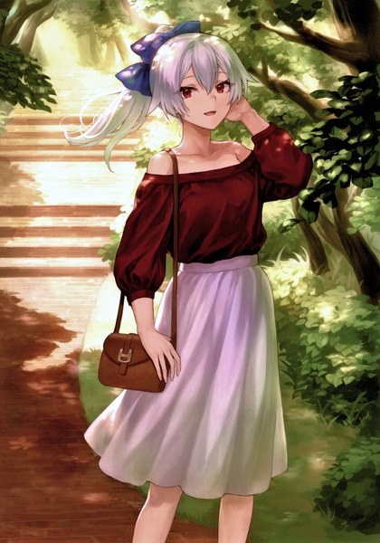 Anime picture 4882x6974 with fate (series) fate/grand order tomoe gozen (fate) mashuu (neko no oyashiro) single long hair tall image looking at viewer fringe highres open mouth smile hair between eyes red eyes standing bare shoulders absurdres silver hair outdoors ponytail