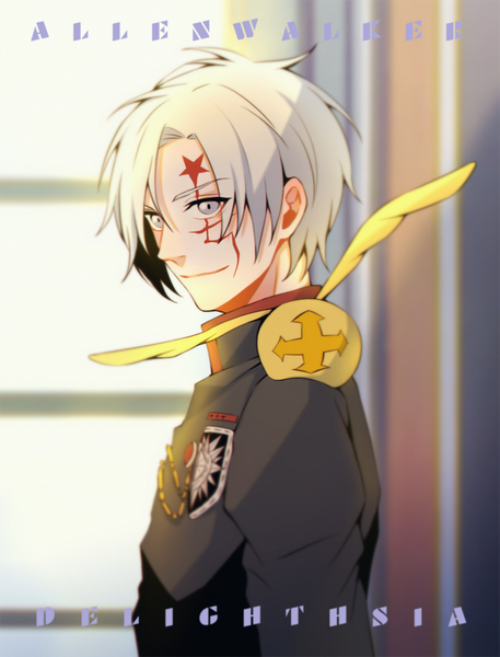Anime picture 762x1000 with d.gray-man allen walker timcanpy delight hsia single tall image looking at viewer short hair signed silver hair upper body light smile blurry inscription depth of field character names facial mark silver eyes boy uniform