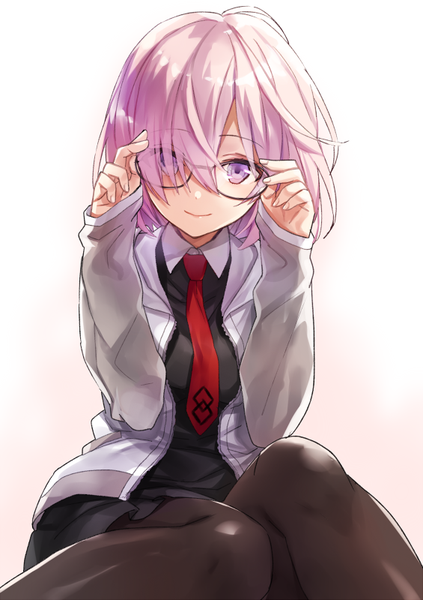 Anime picture 565x800 with fate (series) fate/grand order mash kyrielight yuzuki karu single tall image looking at viewer fringe short hair simple background smile white background sitting purple eyes pink hair bent knee (knees) hair over one eye adjusting glasses girl pantyhose