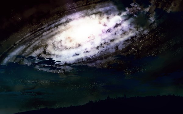 Anime picture 1200x750 with original mary (pixiv) wide image sky cloud (clouds) landscape silhouette star (stars) galaxy