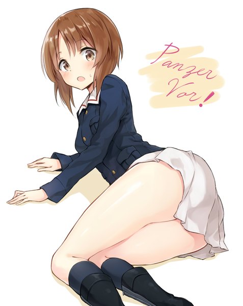 Anime picture 1835x2309 with girls und panzer nishizumi miho azuuru single tall image blush highres short hair open mouth light erotic brown hair white background brown eyes bent knee (knees) pleated skirt looking back inscription shadow reclining surprised