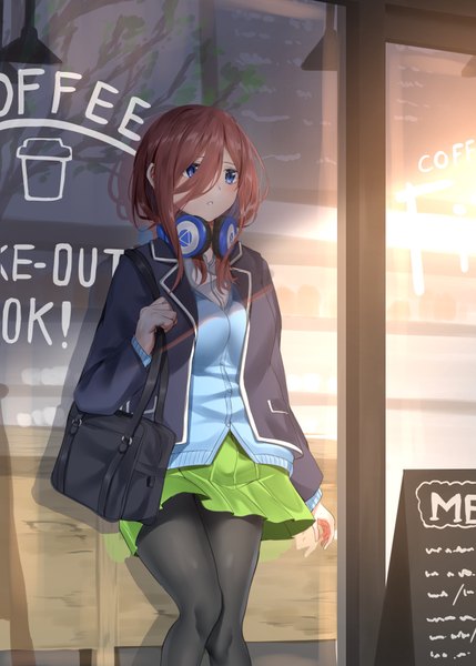 Anime picture 2591x3624 with go-toubun no hanayome nakano miku takenoko 27074918 single long hair tall image fringe highres blue eyes hair between eyes brown hair standing holding looking away outdoors long sleeves pleated skirt sunlight hair over one eye open jacket