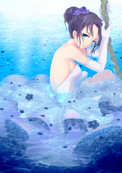Anime picture 2893x4092 with original shiki hinako single tall image looking at viewer highres short hair blue eyes black hair bare shoulders girl dress gloves flower (flowers) petals water elbow gloves