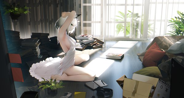 Anime picture 6160x3300 with arknights kal'tsit (arknights) omone hokoma agm single looking at viewer fringe highres short hair breasts light erotic wide image sitting green eyes animal ears absurdres silver hair full body bent knee (knees) ass indoors