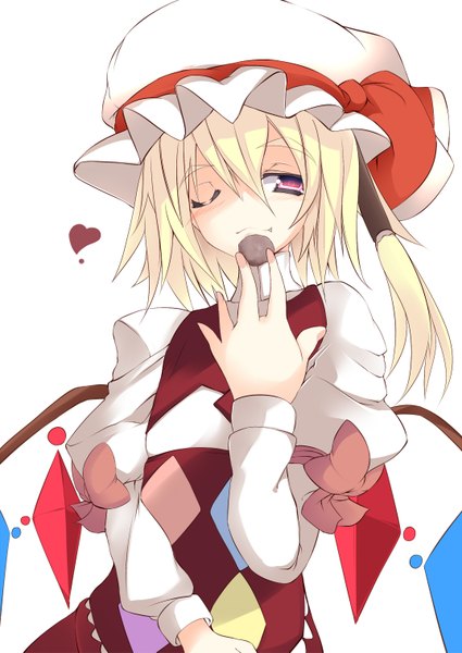 Anime picture 1074x1517 with touhou flandre scarlet sukage single tall image short hair blonde hair red eyes one eye closed wink girl bow hair bow wings bonnet crystal