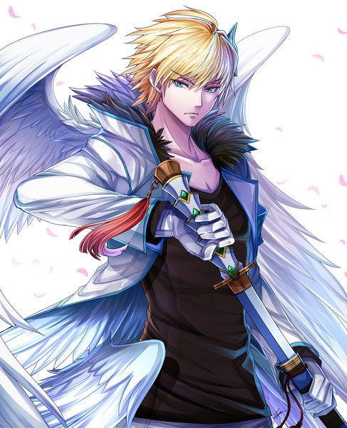 Anime picture 1950x2400 with puzzle & dragons lucifer (p&d) tenyo0819 single tall image looking at viewer fringe highres short hair blue eyes blonde hair simple background hair between eyes standing white background holding open jacket fur trim white wings unsheathing