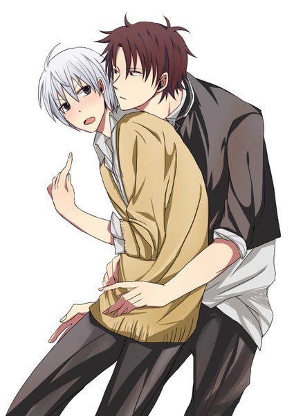 Anime picture 2507x3541 with beelzebub studio pierrot oga tatsumi furuichi takayuki tall image blush highres short hair open mouth simple background brown hair white background silver hair black eyes multiple boys shounen ai twisty sleeves boy uniform school uniform