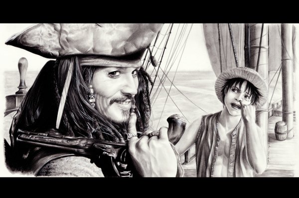Anime picture 1500x993 with one piece pirates of the caribbean toei animation monkey d. luffy captain jack sparrow johnny depp aes-kawa long hair fringe short hair open mouth black hair smile looking away realistic multiple boys finger to mouth monochrome muscle boy