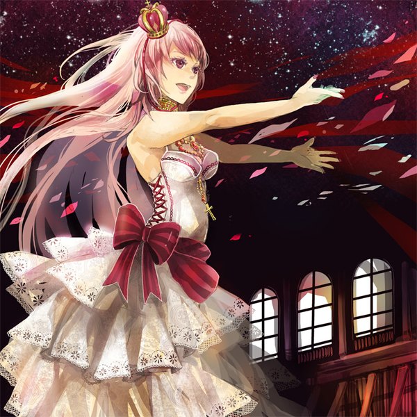 Anime picture 800x800 with vocaloid megurine luka sakuragi kei single long hair open mouth smile standing bare shoulders looking away pink hair nail polish pink eyes girl dress bow window white dress star (stars) cross