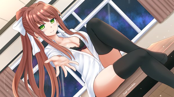 Anime picture 1920x1080 with doki doki literature club monika (doki doki literature club) kazenokaze single long hair looking at viewer highres breasts light erotic brown hair wide image green eyes ponytail dutch angle outstretched hand girl thighhighs black thighhighs shirt lingerie