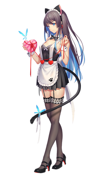 Anime picture 875x1500 with sangai senki tidsean single long hair tall image blue eyes light erotic black hair standing animal ears full body tail animal tail cat ears maid cat tail high heels fake animal ears transparent background girl