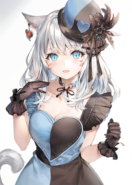 Anime picture 800x1120 with final fantasy final fantasy xiv square enix miqo'te momoko (momopoco) single long hair tall image looking at viewer blush fringe breasts open mouth blue eyes simple background smile hair between eyes standing white background animal ears