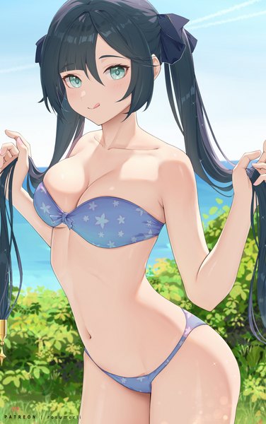 Anime picture 2350x3748 with genshin impact mona megistus rosumerii single long hair tall image looking at viewer blush fringe highres breasts light erotic black hair smile hair between eyes large breasts standing twintails holding signed