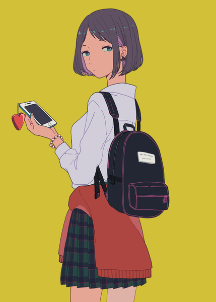 Anime picture 1430x2000 with original shi oo single tall image looking at viewer short hair black hair simple background nail polish looking back aqua eyes yellow background aqua nail polish clothes around waist girl uniform school uniform bracelet heart mobile phone